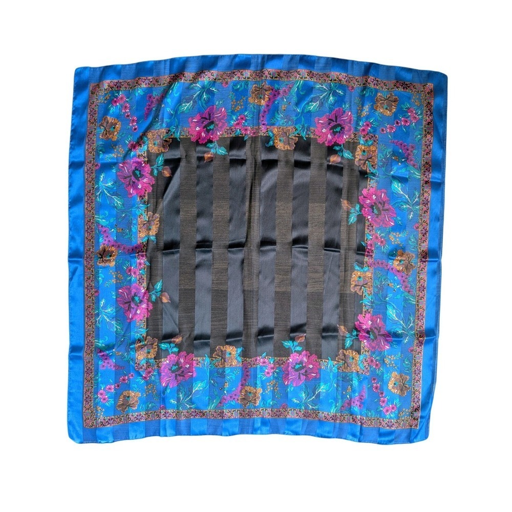 Vintage 80s Italian Maximalism Dark Romantic Floral Aqua Blue Satin Square Scarf